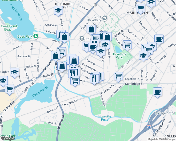 map of restaurants, bars, coffee shops, grocery stores, and more near 13 Stoneland Road in Worcester