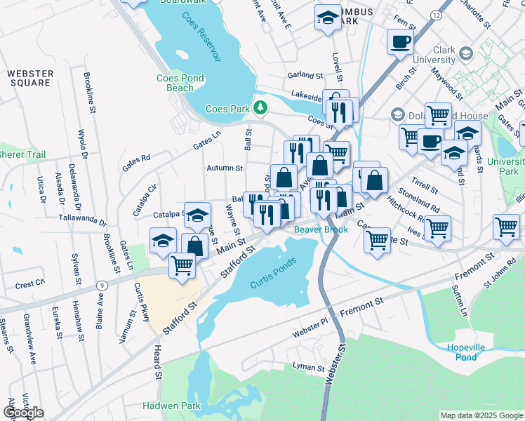 map of restaurants, bars, coffee shops, grocery stores, and more near 36 Lakewood Street in Worcester