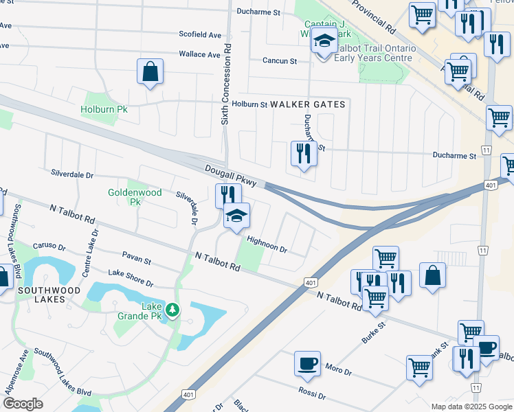 map of restaurants, bars, coffee shops, grocery stores, and more near 1220 Settlers Street in Windsor