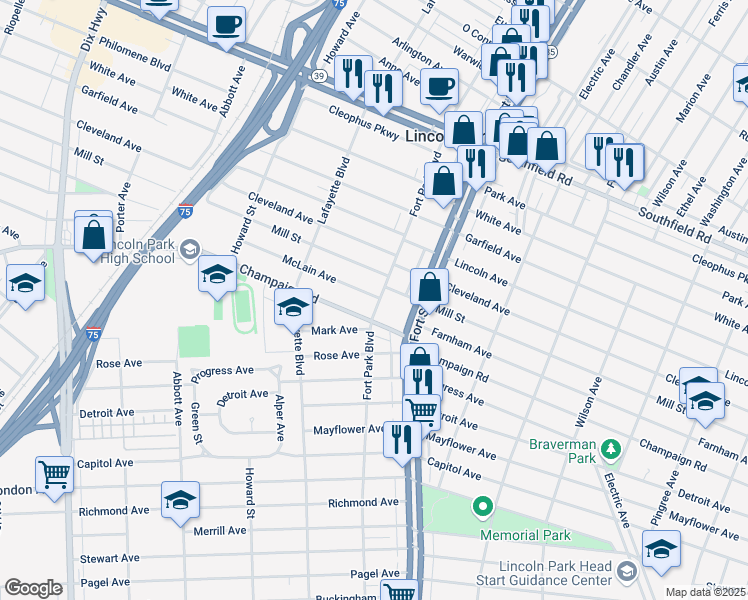 map of restaurants, bars, coffee shops, grocery stores, and more near 1392 McLain Avenue in Lincoln Park