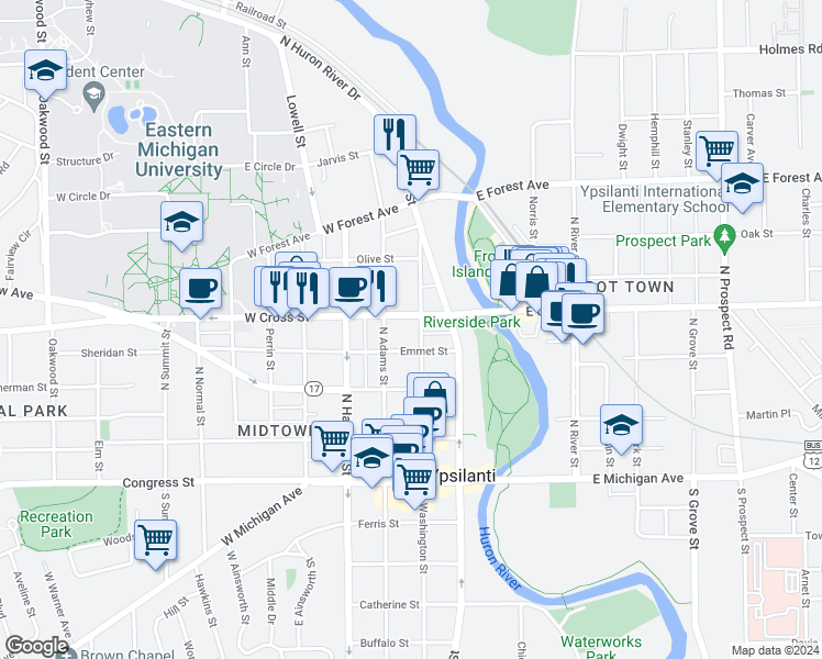 map of restaurants, bars, coffee shops, grocery stores, and more near 110 West Cross Street in Ypsilanti