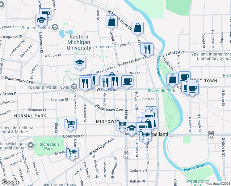map of restaurants, bars, coffee shops, grocery stores, and more near 500 West Cross Street in Ypsilanti