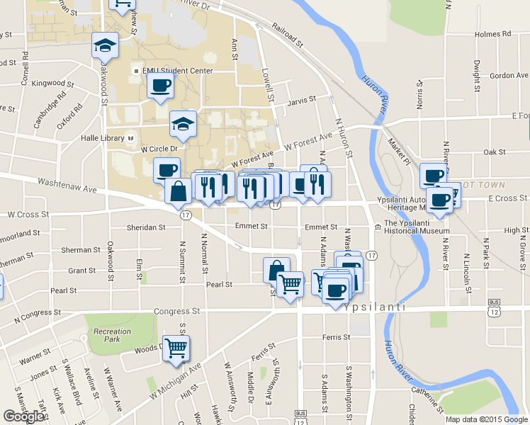 map of restaurants, bars, coffee shops, grocery stores, and more near 500 West Cross Street in Ypsilanti