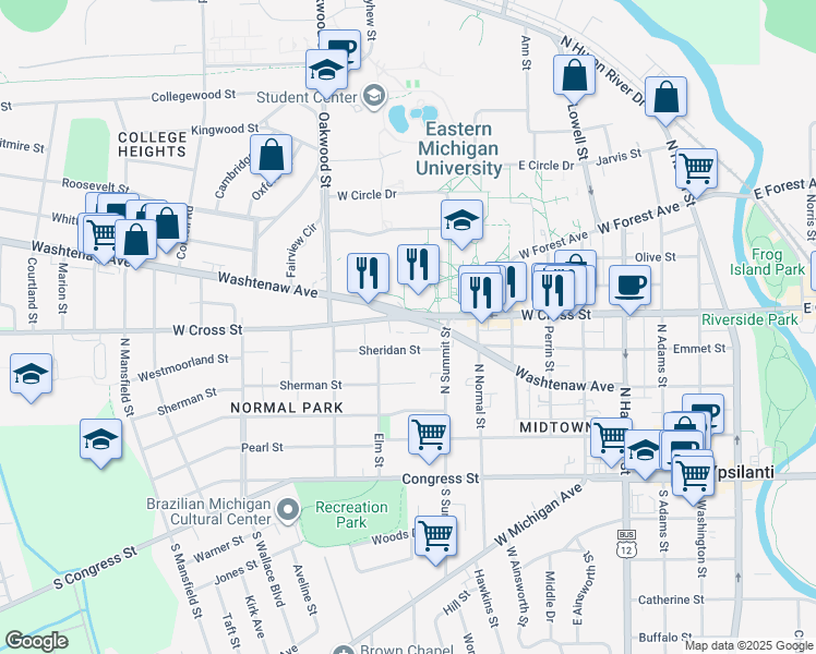 map of restaurants, bars, coffee shops, grocery stores, and more near 898 West Cross Street in Ypsilanti