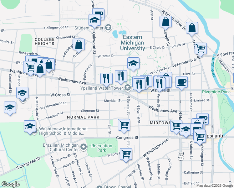 map of restaurants, bars, coffee shops, grocery stores, and more near 898 West Cross Street in Ypsilanti