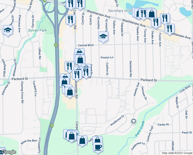 map of restaurants, bars, coffee shops, grocery stores, and more near 2911 Grant Drive in Ann Arbor