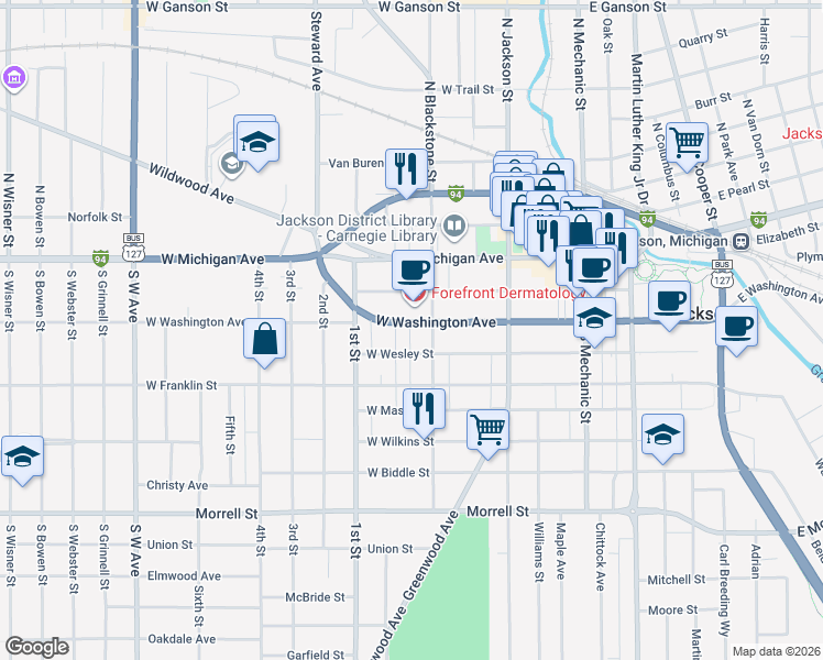 map of restaurants, bars, coffee shops, grocery stores, and more near 300 West Washington Avenue in Jackson