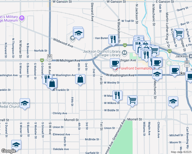 map of restaurants, bars, coffee shops, grocery stores, and more near 213 2nd Street in Jackson