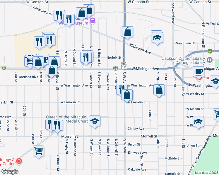 map of restaurants, bars, coffee shops, grocery stores, and more near 1000 West Washington Avenue in Jackson