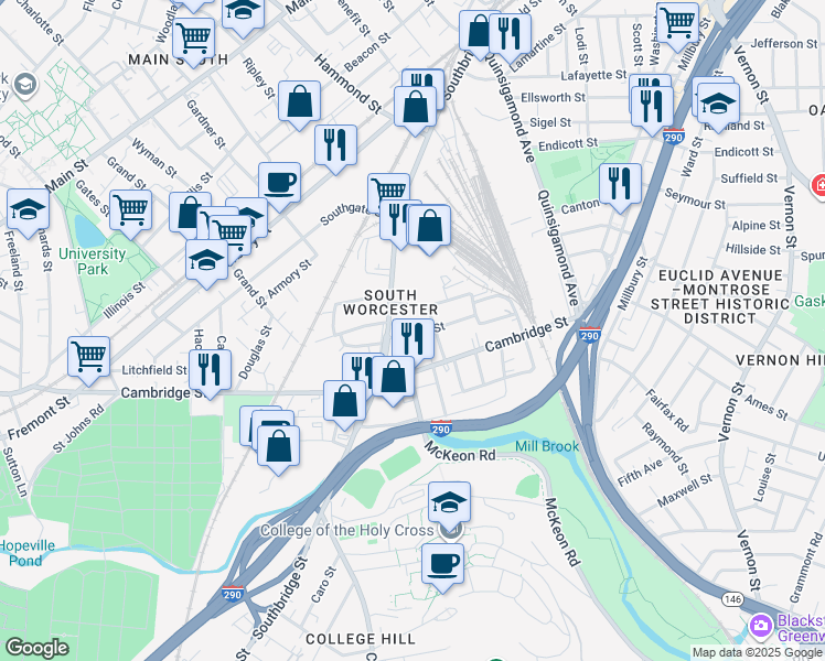 map of restaurants, bars, coffee shops, grocery stores, and more near 11 Colton Street in Worcester