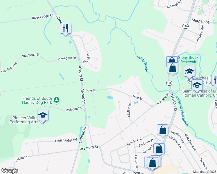 map of restaurants, bars, coffee shops, grocery stores, and more near 77 Pine Street in South Hadley