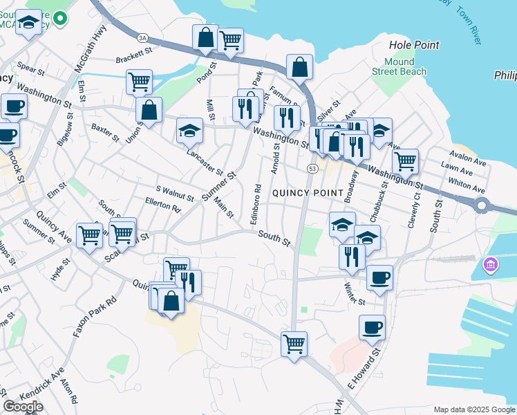 map of restaurants, bars, coffee shops, grocery stores, and more near 49 Edinboro Road in Quincy