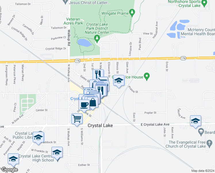map of restaurants, bars, coffee shops, grocery stores, and more near 144 Ellsworth Street in Crystal Lake