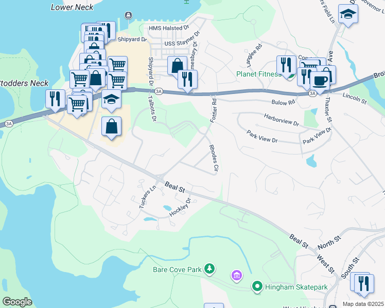 map of restaurants, bars, coffee shops, grocery stores, and more near 40 Fottler Road in Hingham
