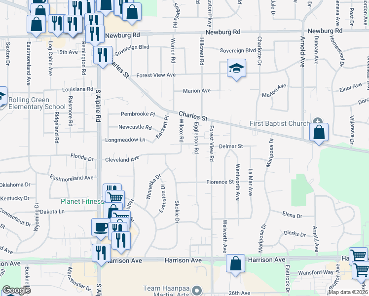 map of restaurants, bars, coffee shops, grocery stores, and more near 2033 Wilcox Road in Rockford