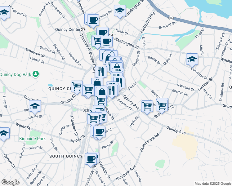 map of restaurants, bars, coffee shops, grocery stores, and more near 1601-1621 Hancock Street in Quincy