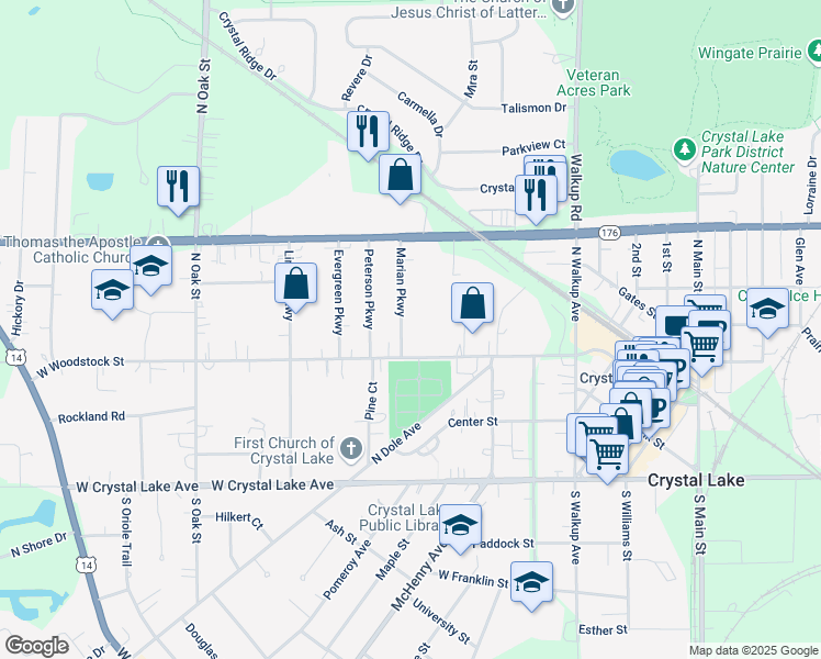 map of restaurants, bars, coffee shops, grocery stores, and more near 173 Marian Parkway in Crystal Lake