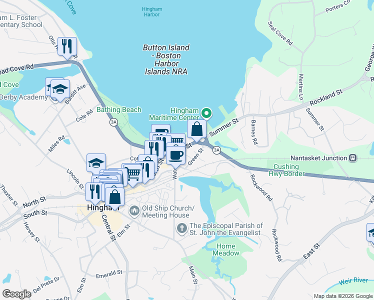 map of restaurants, bars, coffee shops, grocery stores, and more near 17 Otis Street in Hingham