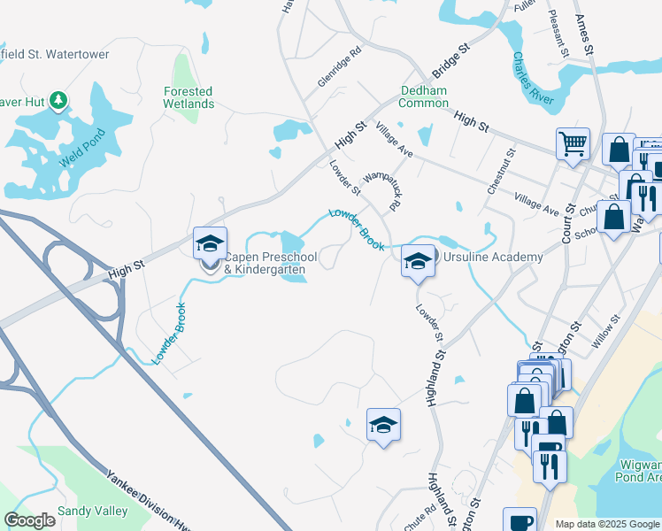 map of restaurants, bars, coffee shops, grocery stores, and more near 106 Horrigan Drive in Dedham