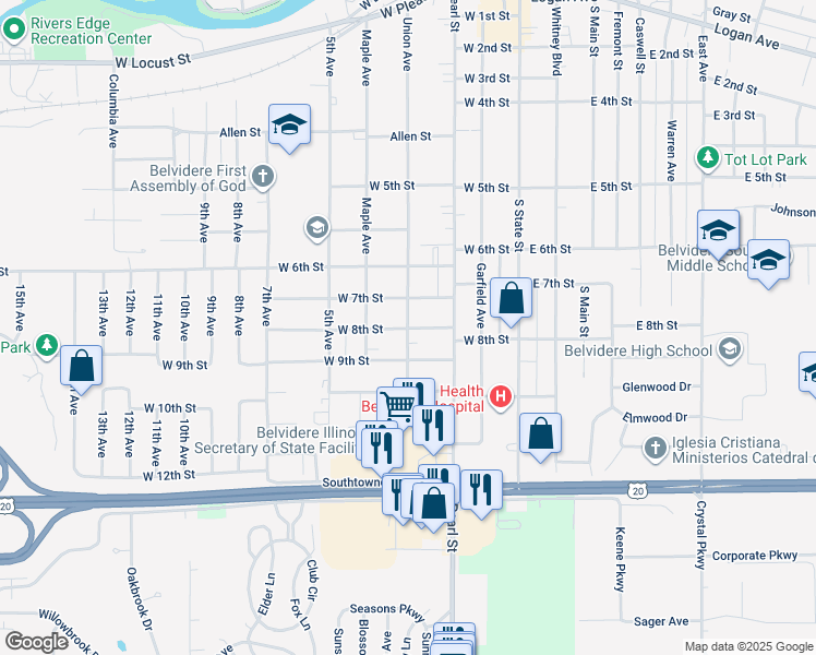 map of restaurants, bars, coffee shops, grocery stores, and more near 399 West 8th Street in Belvidere
