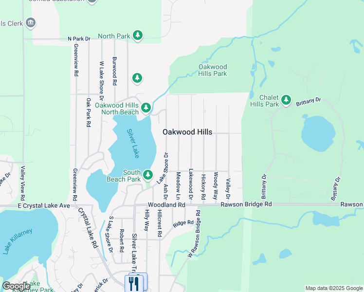 map of restaurants, bars, coffee shops, grocery stores, and more near in Oakwood Hills