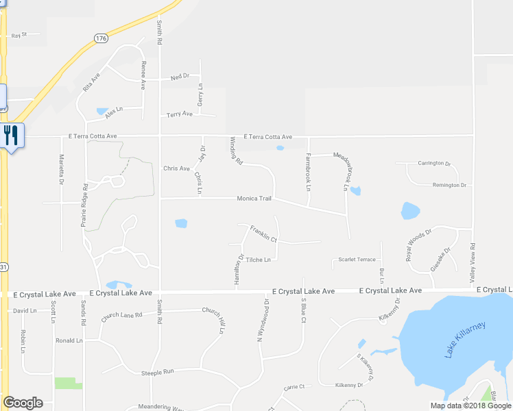 map of restaurants, bars, coffee shops, grocery stores, and more near 3805 Monica Trail in Crystal Lake