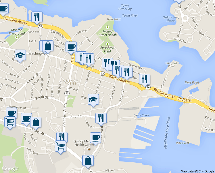 map of restaurants, bars, coffee shops, grocery stores, and more near 74 Raycroft Street in Quincy