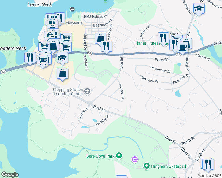map of restaurants, bars, coffee shops, grocery stores, and more near 40 Fottler Road in Hingham