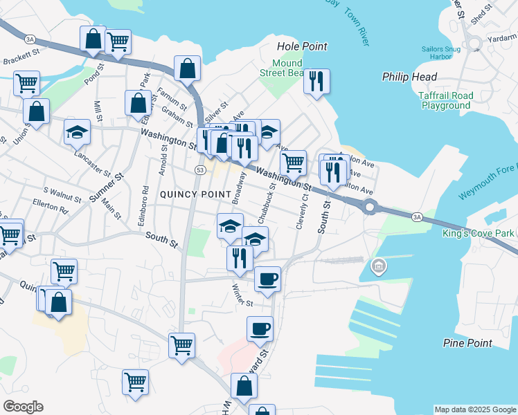 map of restaurants, bars, coffee shops, grocery stores, and more near 115 Chubbuck Street in Quincy