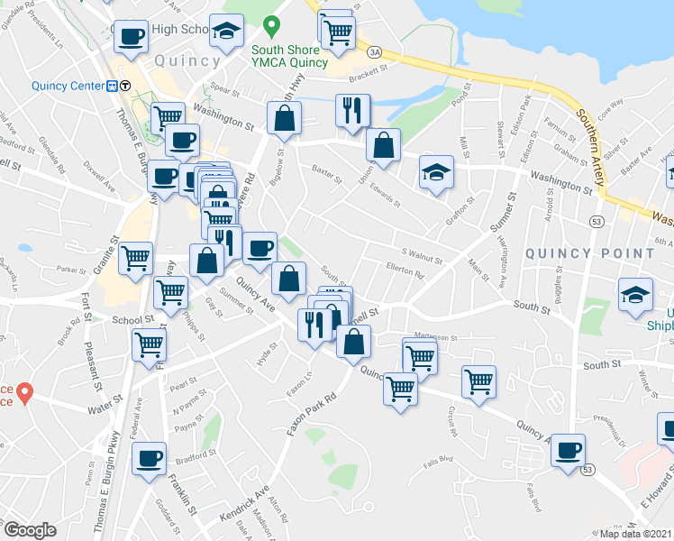 map of restaurants, bars, coffee shops, grocery stores, and more near 58 South Street in Quincy