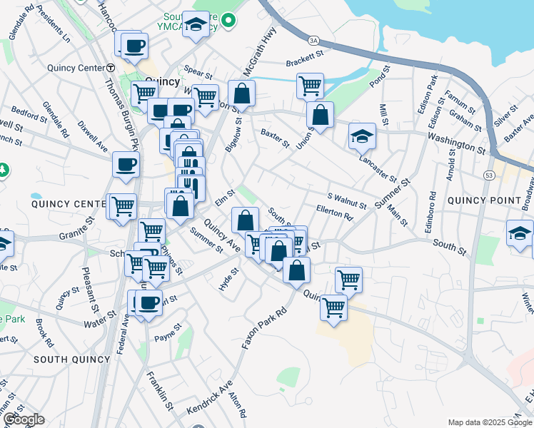 map of restaurants, bars, coffee shops, grocery stores, and more near 33 South Street in Quincy