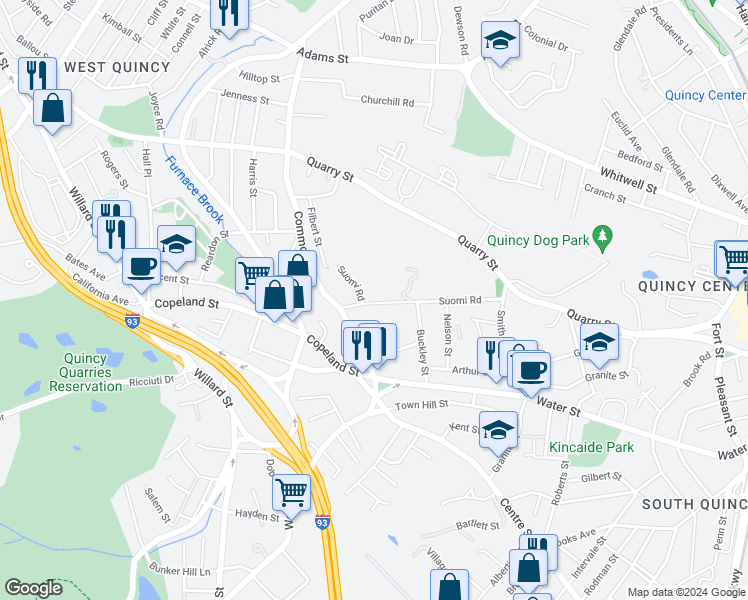 map of restaurants, bars, coffee shops, grocery stores, and more near 130 Suomi Road in Quincy