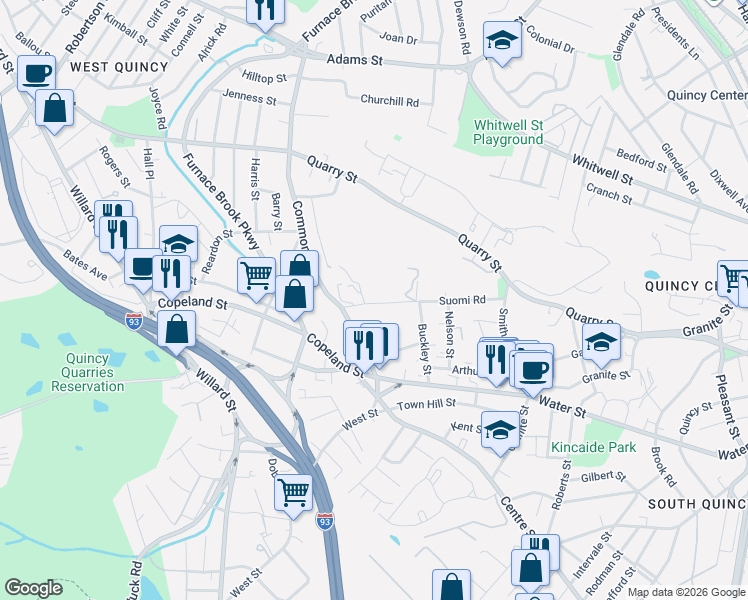 map of restaurants, bars, coffee shops, grocery stores, and more near 130 Suomi Road in Quincy