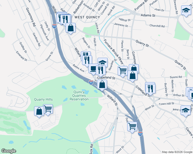 map of restaurants, bars, coffee shops, grocery stores, and more near 144 Crescent Street in Quincy