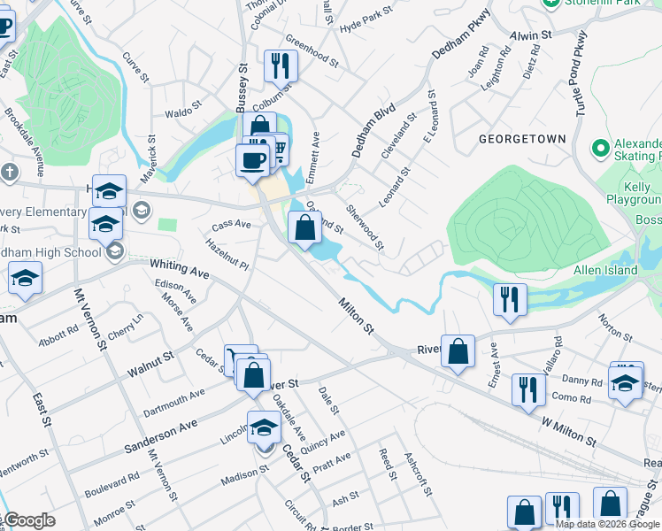 map of restaurants, bars, coffee shops, grocery stores, and more near 8 North Stone Mill Drive in Dedham