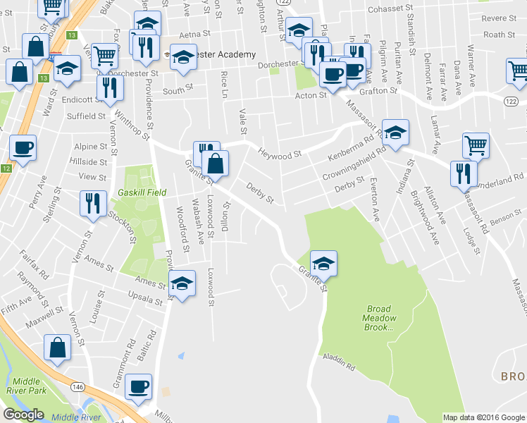 map of restaurants, bars, coffee shops, grocery stores, and more near 36 Derby Street in Worcester
