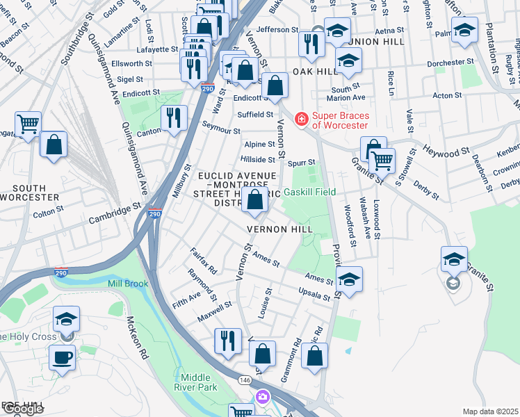 map of restaurants, bars, coffee shops, grocery stores, and more near 5 Montrose Street in Worcester
