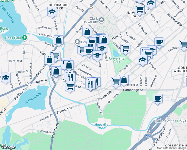 map of restaurants, bars, coffee shops, grocery stores, and more near 32 Tirrell Street in Worcester