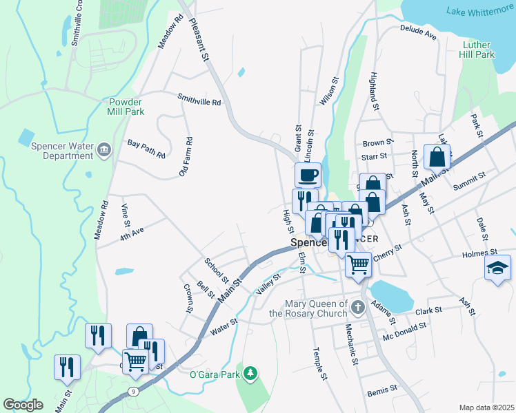 map of restaurants, bars, coffee shops, grocery stores, and more near 25 1/2 High Street in Spencer