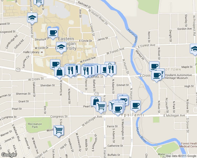 map of restaurants, bars, coffee shops, grocery stores, and more near 500 West Cross Street in Ypsilanti