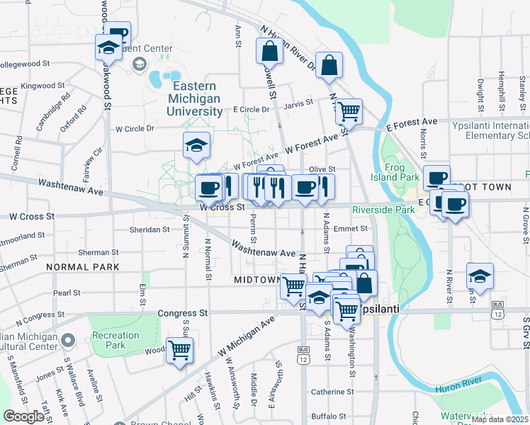 map of restaurants, bars, coffee shops, grocery stores, and more near 402 Perrin Street in Ypsilanti