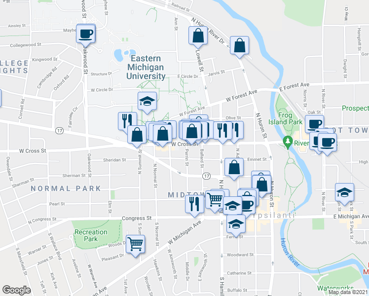 map of restaurants, bars, coffee shops, grocery stores, and more near 402 Perrin Street in Ypsilanti