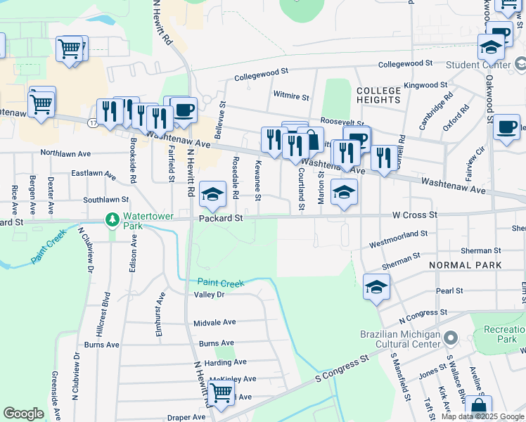 map of restaurants, bars, coffee shops, grocery stores, and more near 1890 Stratford Road in Ypsilanti