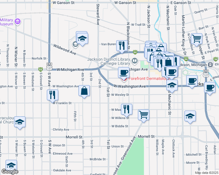 map of restaurants, bars, coffee shops, grocery stores, and more near 330 West Washington Avenue in Jackson