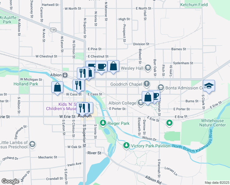 map of restaurants, bars, coffee shops, grocery stores, and more near 112 North Berrien Street in Albion
