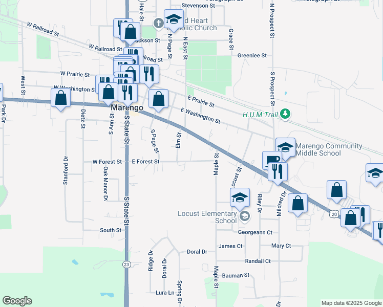 map of restaurants, bars, coffee shops, grocery stores, and more near 329 Elm Street in Marengo