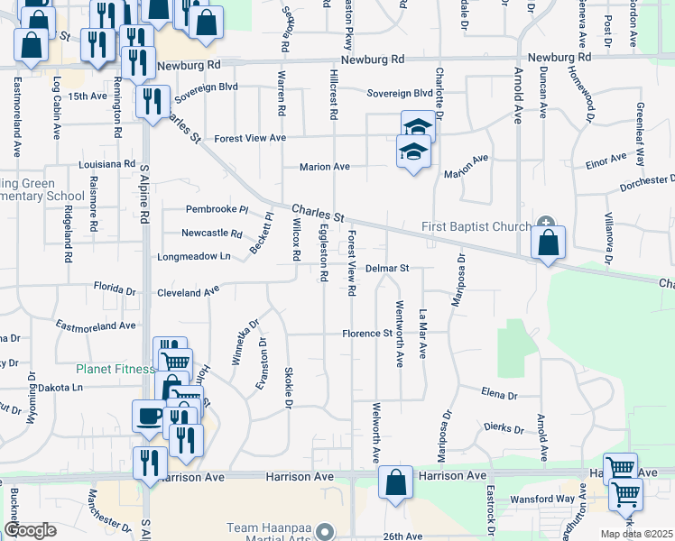 map of restaurants, bars, coffee shops, grocery stores, and more near 2026 Eggleston Road in Rockford