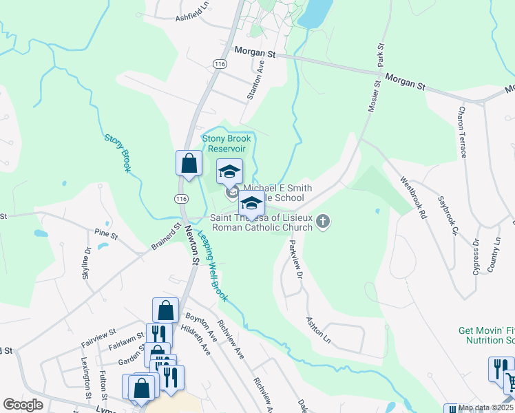 map of restaurants, bars, coffee shops, grocery stores, and more near 101 Mosier Street in South Hadley