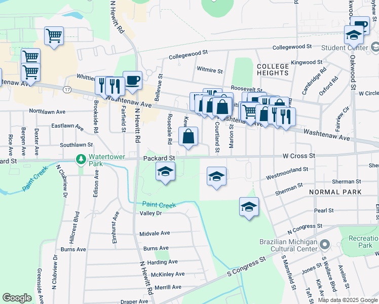map of restaurants, bars, coffee shops, grocery stores, and more near 1890 Stratford Road in Ypsilanti