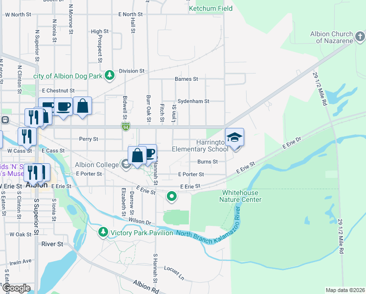 map of restaurants, bars, coffee shops, grocery stores, and more near 1201 Perry Street in Albion
